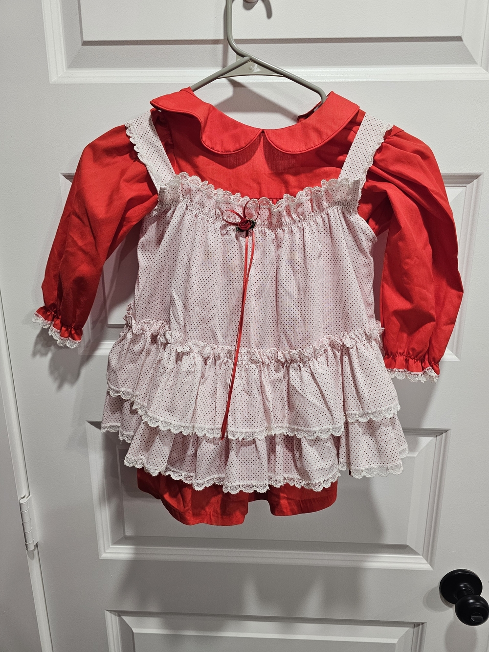 Vintage 1980 Bryan Red Dress W8th A White Polka Dot Ruffle Overlay